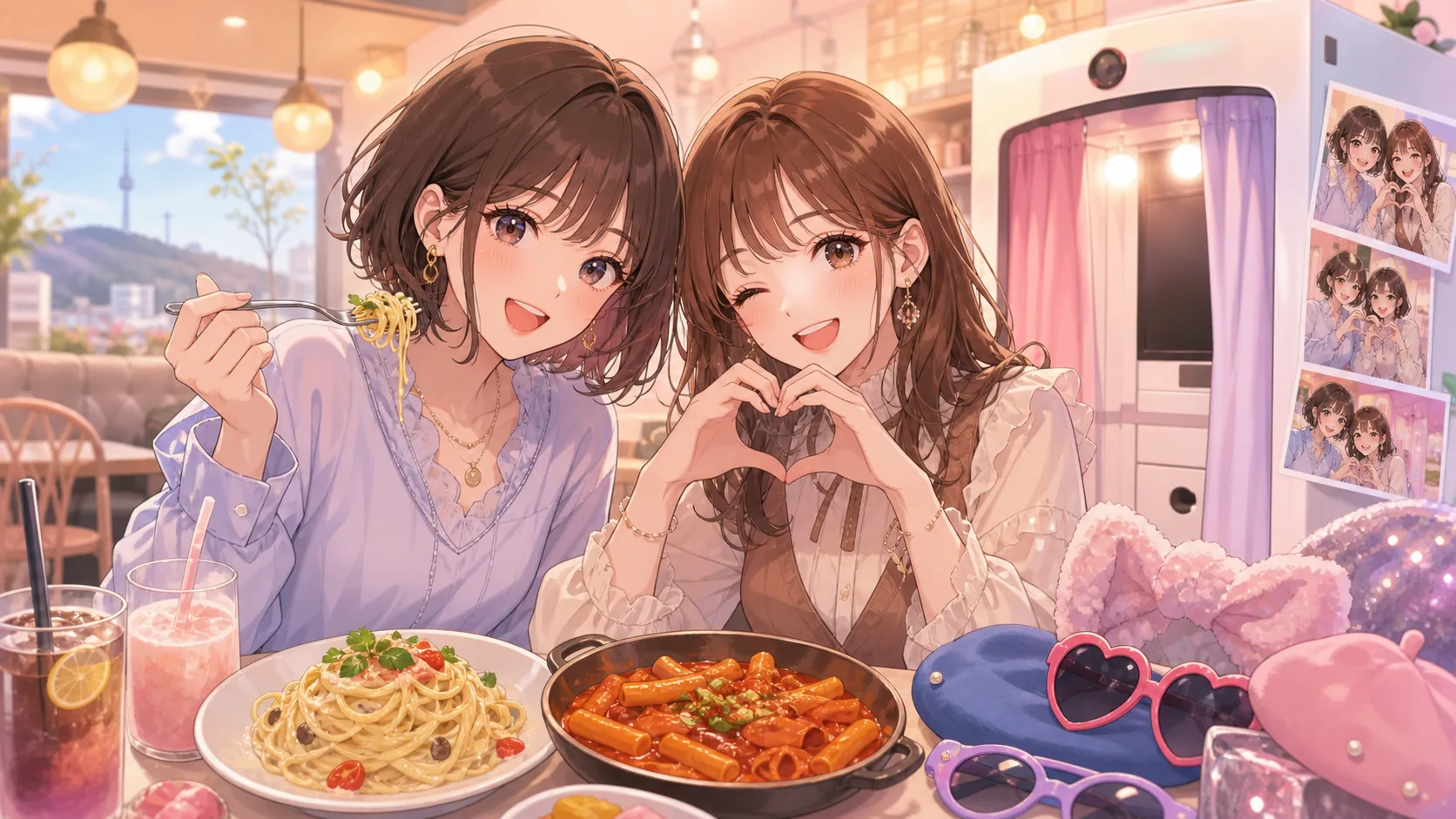 韓国ランチと写真ブースを楽しむオリジナル女性キャラクターたちのイメージ