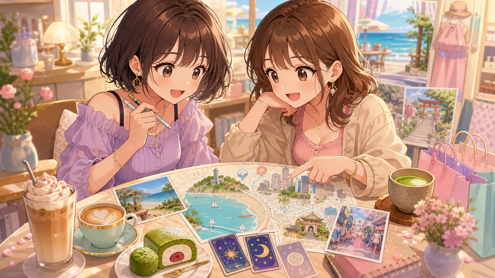 東京と江の島方面のデート案を地図とカフェで相談するオリジナル女性キャラクターたちのイメージ