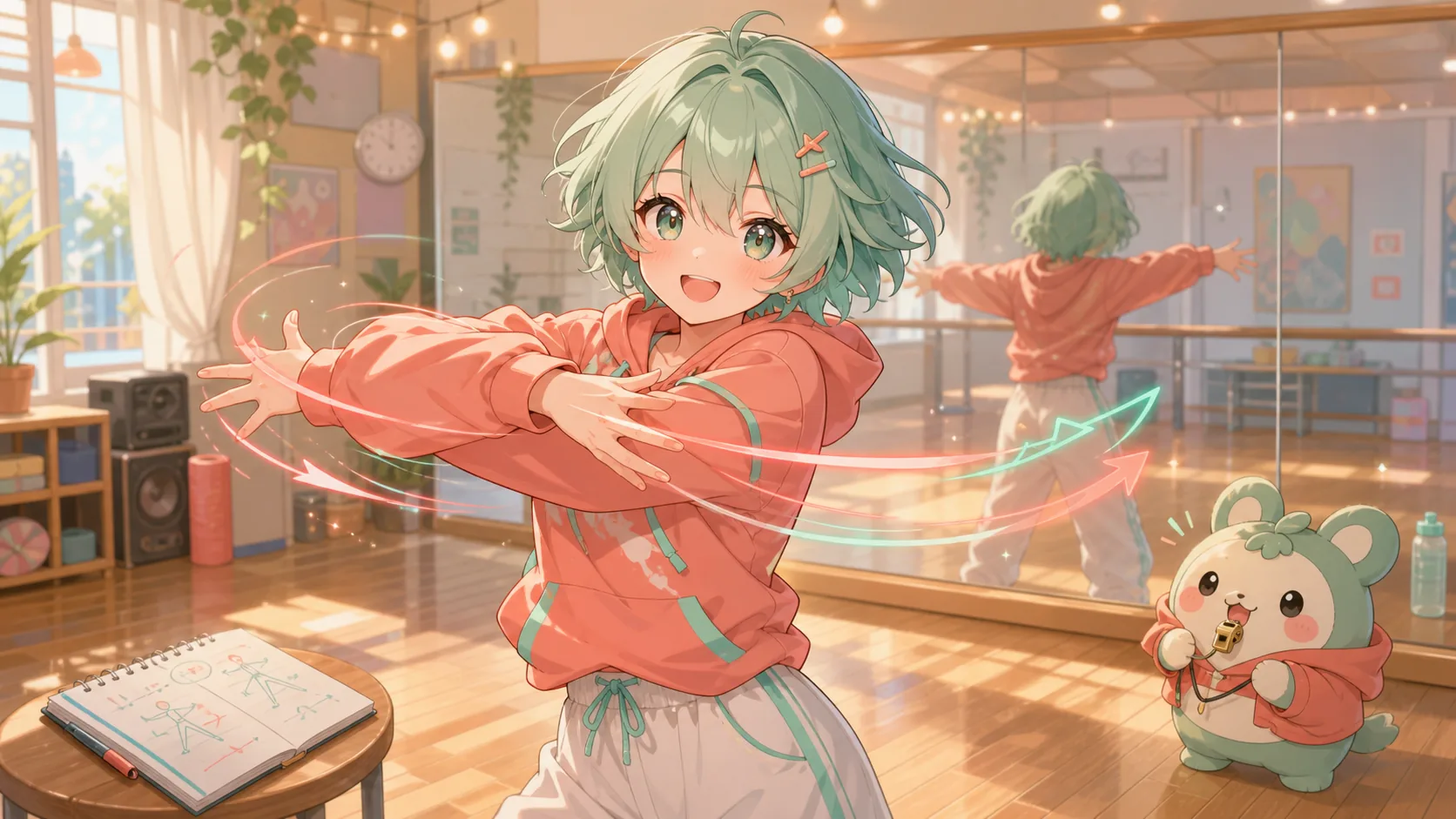 明るいダンススタジオでアップのリズムとクロスハンドを練習するオリジナルキャラクターのイメージ