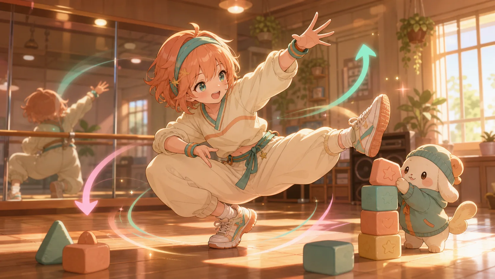 木目の床のダンススタジオでキックステップとスクーパーを練習するかわいいオリジナルキャラクターのイメージ