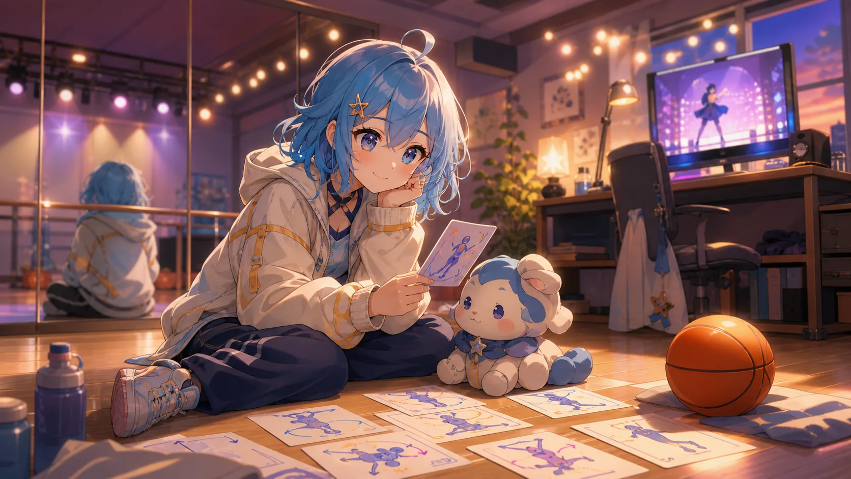 夕方の配信部屋でダンスレッスンメモとバスケットボール風の小物を並べるオリジナルキャラクターのイメージ