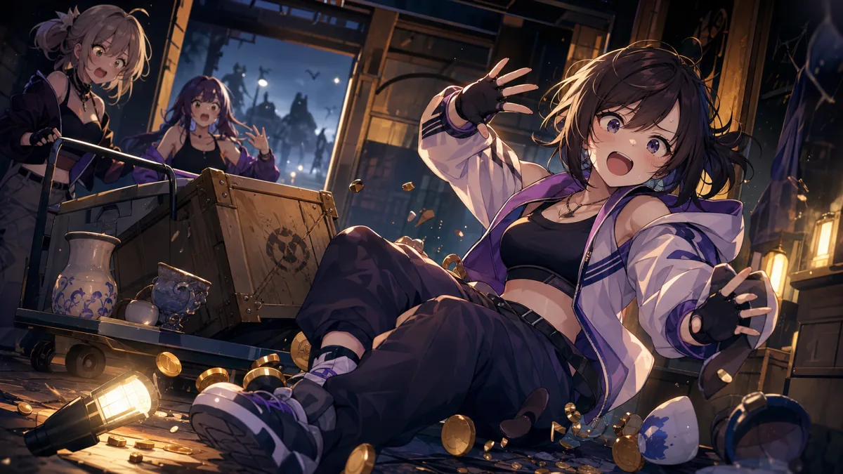倉庫入口で転びながらも笑うオリジナル女性キャラクターと、荷物を運ぶ仲間たち
