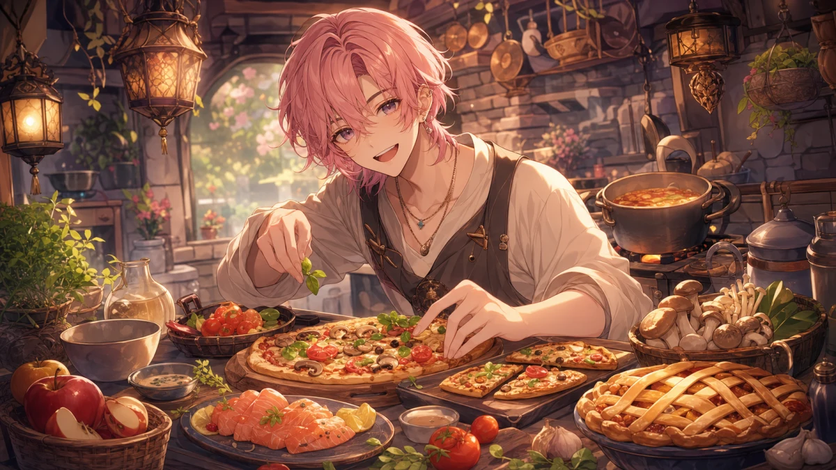 料理店のカウンターで食材を並べながら楽しそうに話す人物キャラクターのイメージ