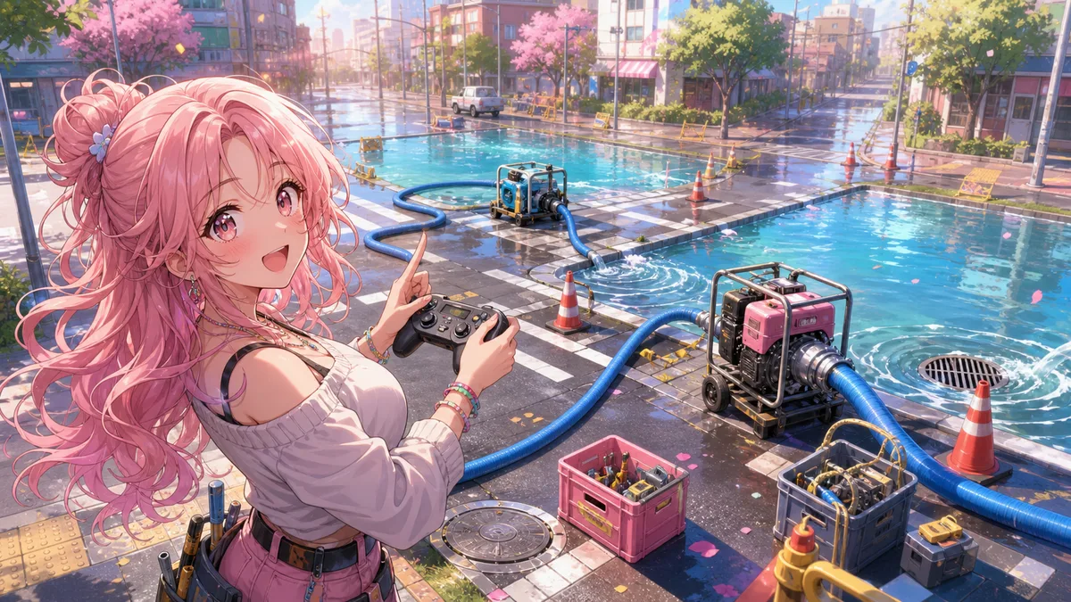 濡れた街路でポンプとホースを前に操作を考える人物のイメージ
