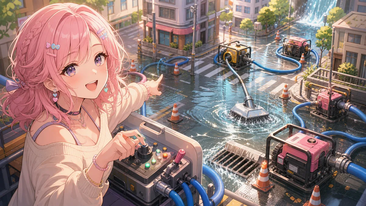 兎鞠まり『DrainSim』最終盤、ポンプと掃除機で街の水を抜き切る2時間 のV-BUZZ独自アイキャッチ