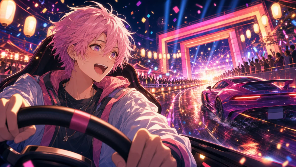 フェス会場のゲートへ向かって走るスポーツカーと驚く中性的な人物キャラクター