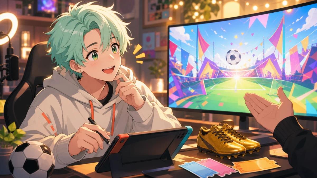 明るい配信部屋でゲーム用タブレットとサッカーボール型の光る小物を前にする男性キャラクターのイメージ
