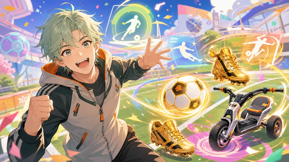 光るスパイクとサッカーボール型の三輪バイクがあるゲーム風フィールドで男性キャラクターが驚くイメージ