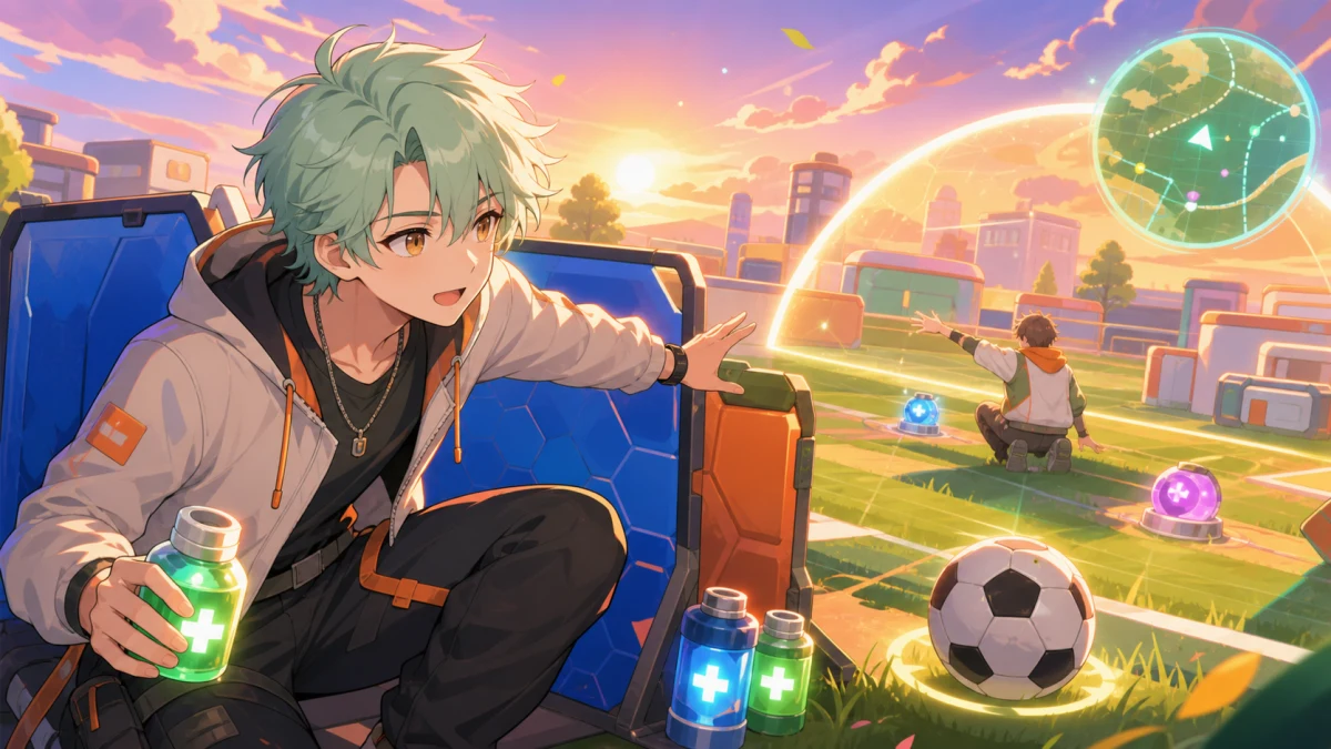 夕方の抽象的なバトルロワイヤルフィールドで遮蔽物と回復アイテムを確認する男性キャラクターのイメージ