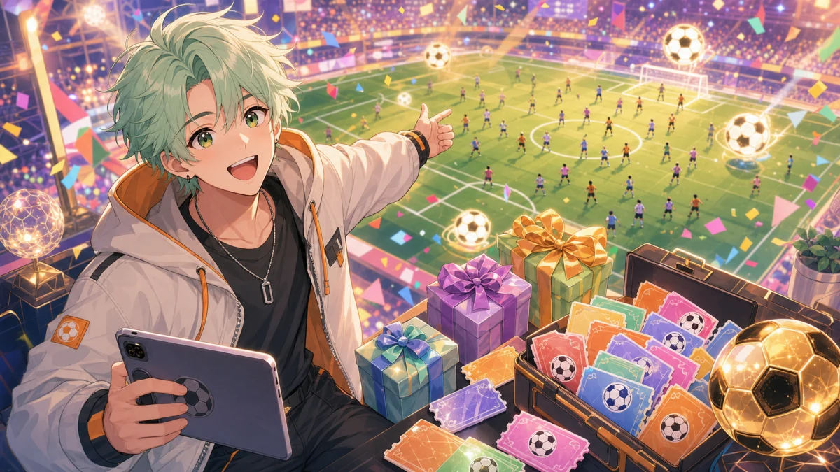 ゲームイベント会場のような明るいステージでサッカーボール、順位表、ギフトカード風の抽象小物が並ぶイメージ