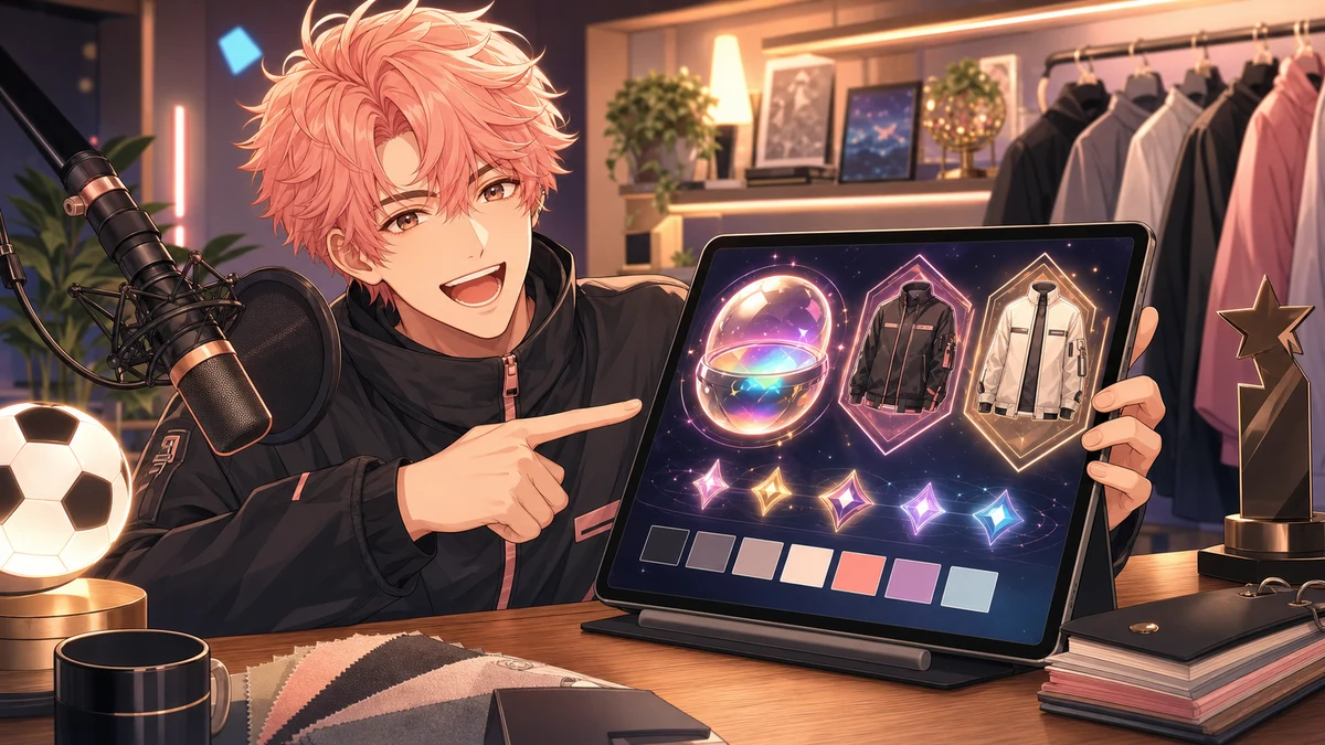 明るい配信部屋でゲーム用タブレットとサッカーボール型の小物を前にする男性キャラクターのイメージ