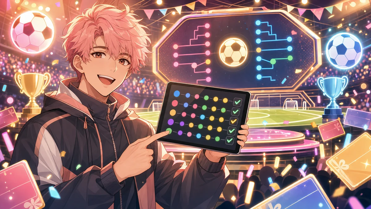 ゲームイベント会場のような明るいステージでサッカーボール、順位表、ギフトカード風の抽象小物が並ぶイメージ