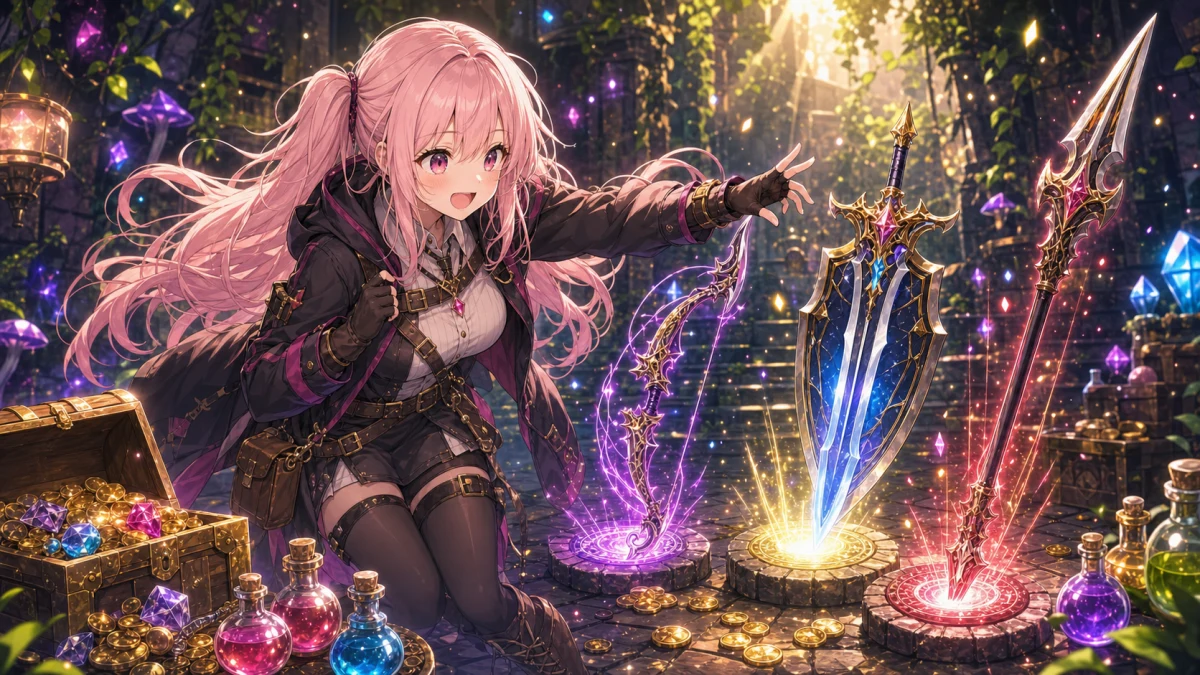 森のダンジョンで弓や盾剣、槍の光る武器を見比べながら戦い方を選ぶ人物キャラクターのイメージ