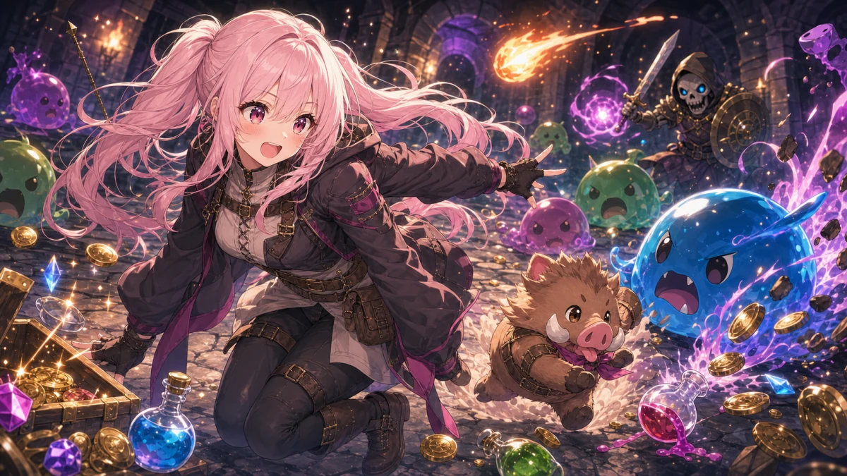 小さな召喚獣が前を走るにぎやかな戦闘で、敵と味方の間を縫って戦う人物キャラクターのイメージ