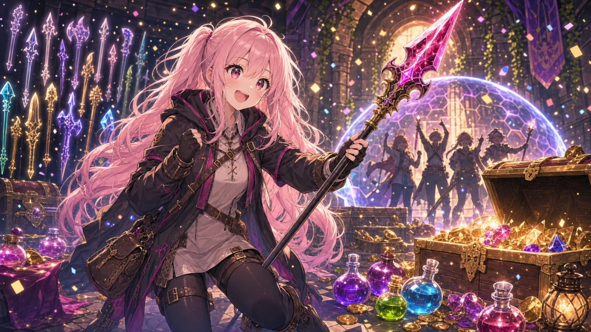 大きなボスを倒した後、光る槍と宝箱を前に次の冒険を見据える人物キャラクターのイメージ