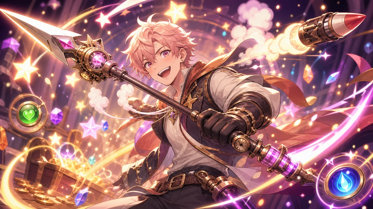 蒸気の槍と星のような魔法弾が重なり、明るいダンジョンで大きなダメージを出す人物キャラクターのイメージ