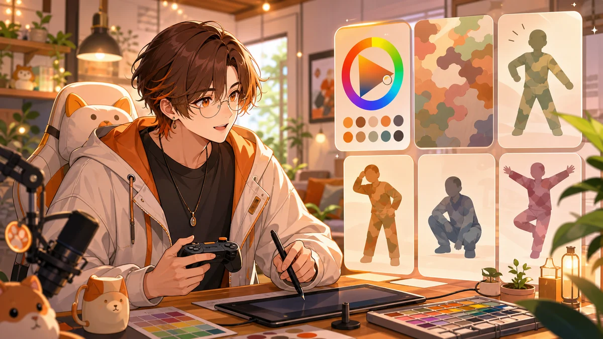 明るいゲーム配信部屋で男性の人物キャラクターがカラーパレットとゲームパッドを前にペイントかくれんぼの準備をするイメージ