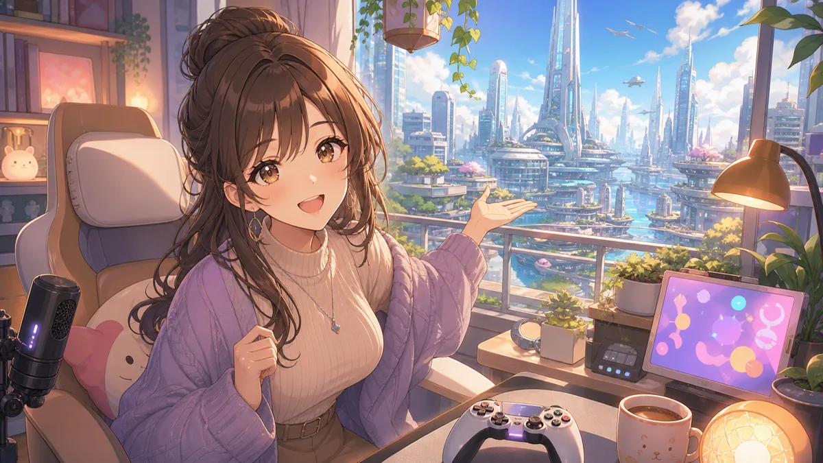 高層階の自宅から未来都市を眺めながら配信準備をするオリジナル女性キャラクターのイメージ