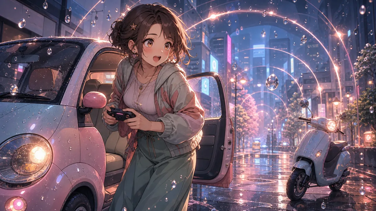 雨の街角で時間停止を試しながら車やバイクを眺めるオリジナル女性キャラクターのイメージ