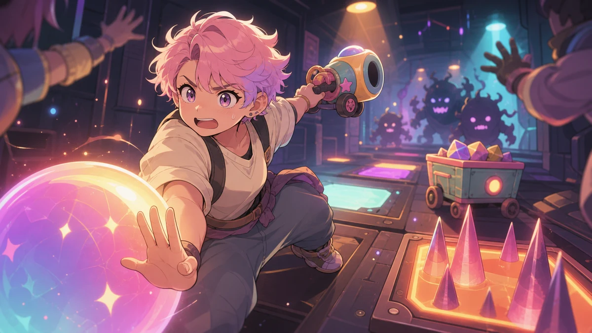 小型キャノンと光るオーブを抱えて暗い通路を走る中性的な人物キャラクターのイメージ