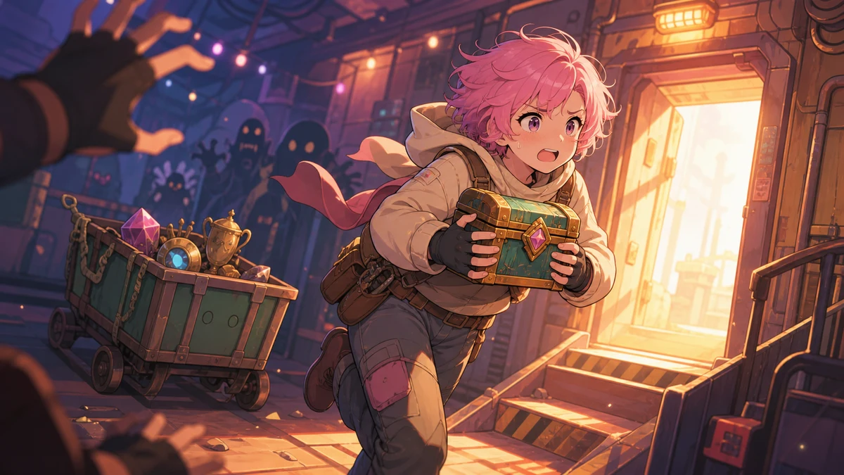 仲間の影を背に出口へ向かって走る中性的な人物キャラクターのイメージ