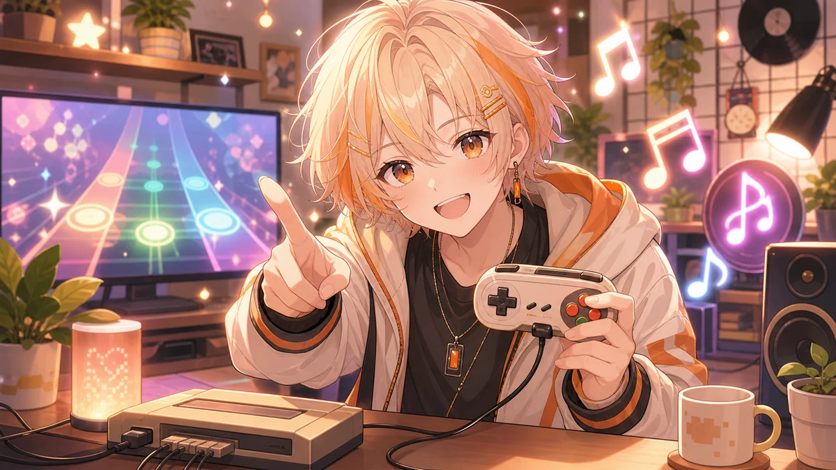 明るい配信部屋でゲームパッドとリズムゲーム用の小物を並べ、音符のような光が浮かぶ画面を見ている人物キャラクターのイメージ