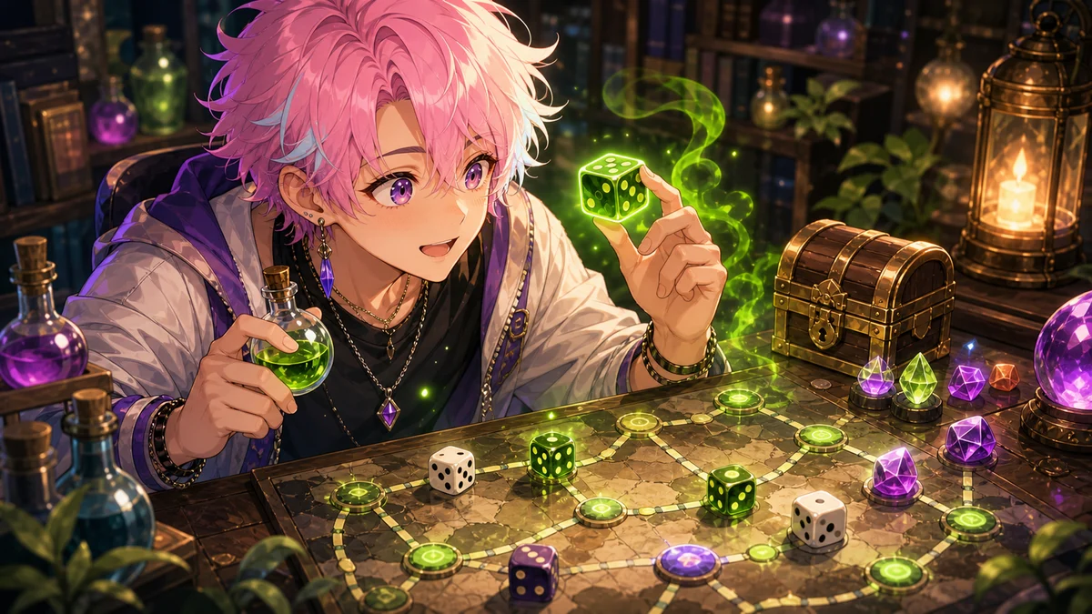 魔法のダイス盤を前に毒色のルーンと小さな宝箱を見比べる人物のイメージ