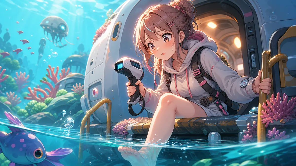 深海サバイバルゲームの入口で水中へ踏み出すオリジナル女性キャラクターのイメージ