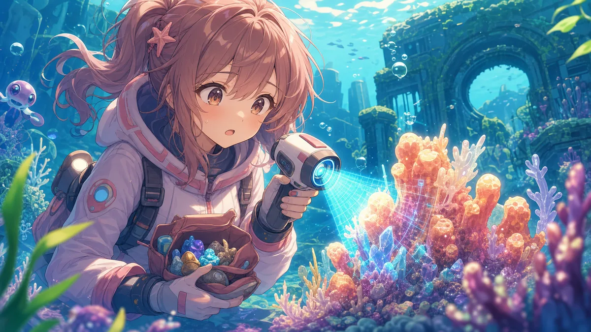 水中基地の近くでスキャナーと素材を手にするオリジナル女性キャラクターのイメージ