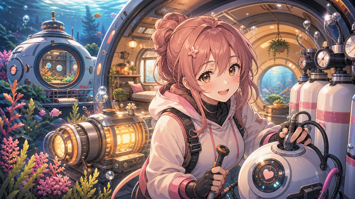 明るい水中拠点で発電装置と酸素設備を整えるオリジナル女性キャラクターのイメージ