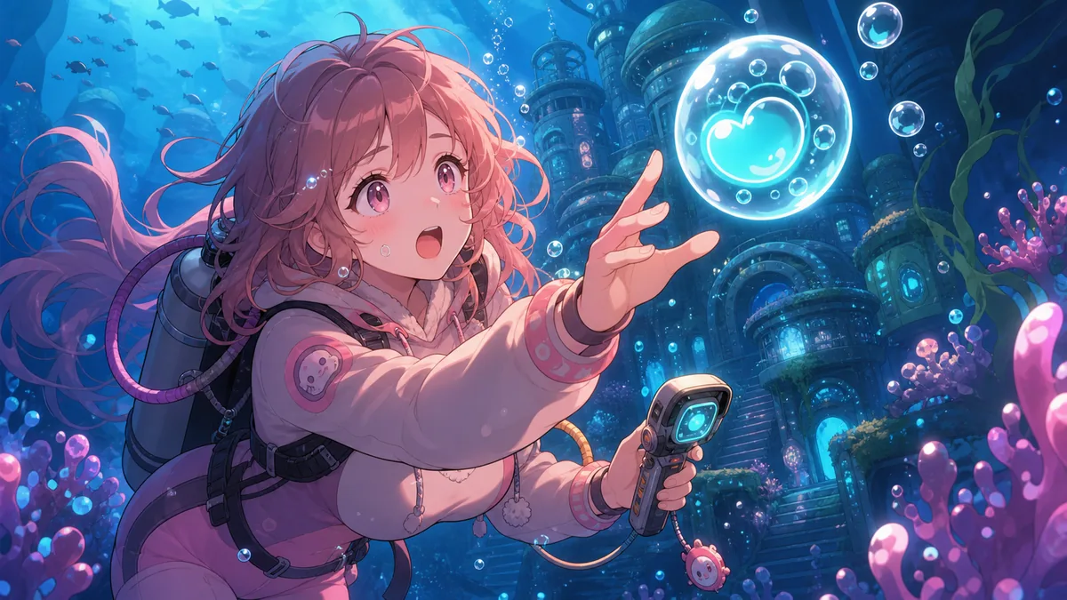 深い海の施設を酸素を探しながら探索するオリジナル女性キャラクターのイメージ