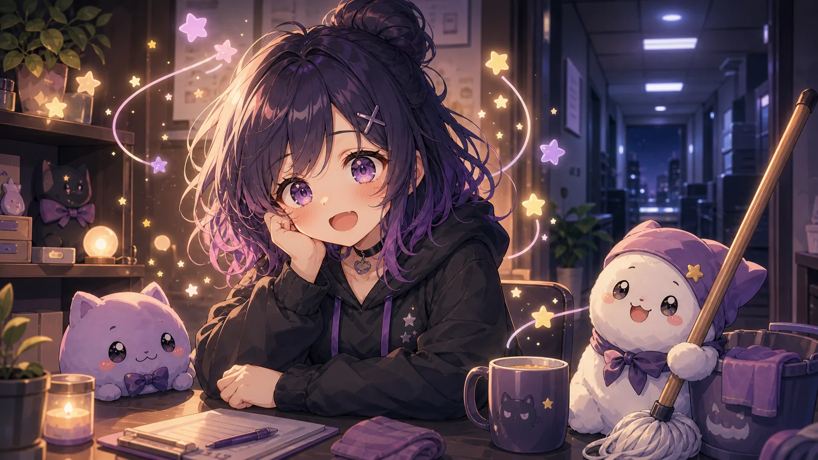 明るい配信部屋で掃除を終えたマスコットと短い動画カードを並べて一息つくオリジナルキャラクターのイメージ