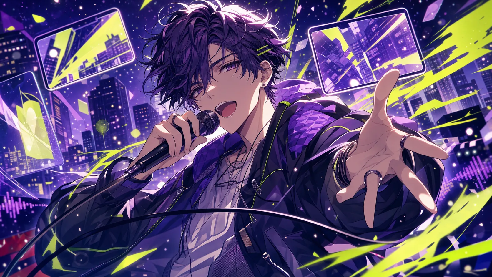 紫の街並みとスマホ画面の切り返しを歌うオリジナル男性キャラクターのイメージ