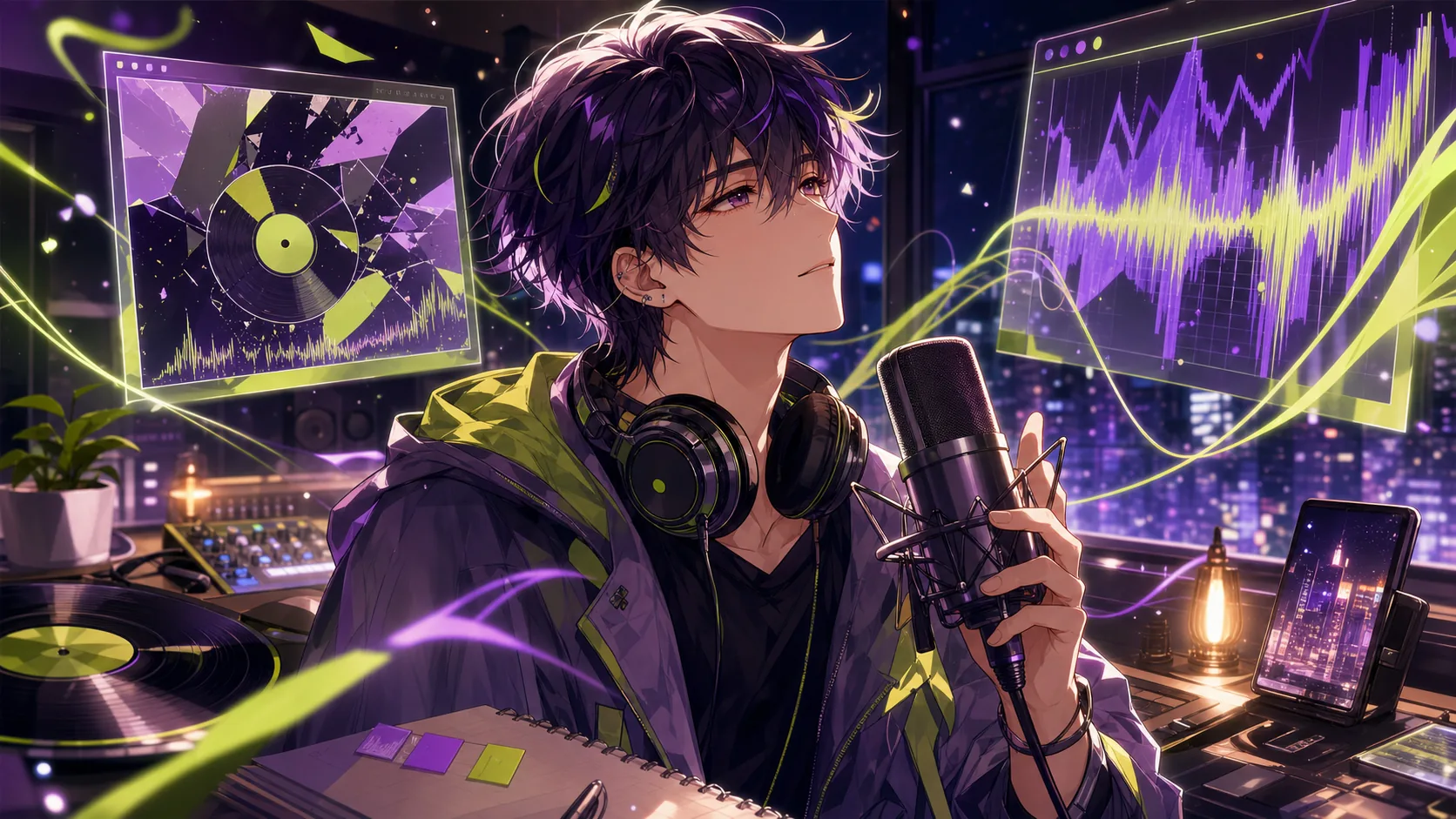 原曲とカバーの音の流れを見比べるオリジナル男性キャラクターのイメージ