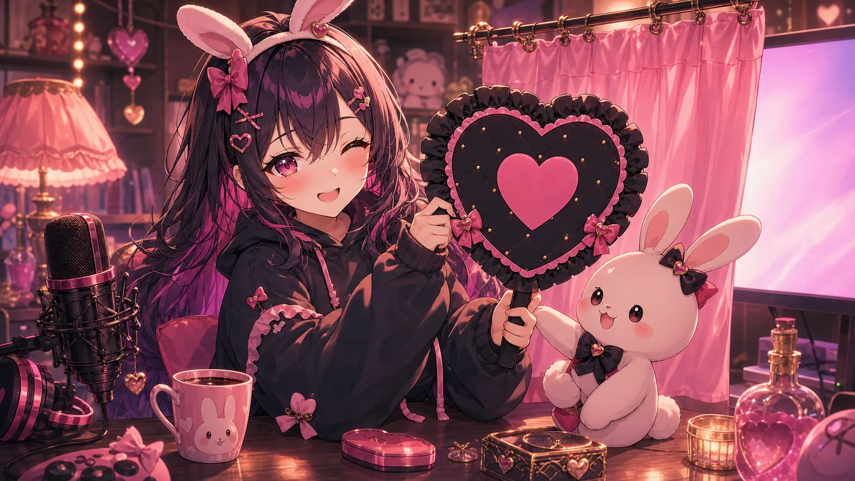 配信机でセンシティブ対策のカバー画面を準備するかわいいオリジナルキャラクターのイメージ