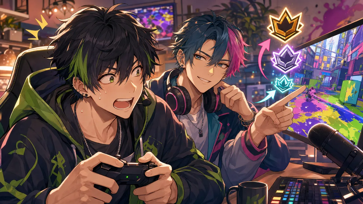 ゲーム画面を前に驚く黒髪の男性と、抽象的なランクアイコンを指す青髪の男性