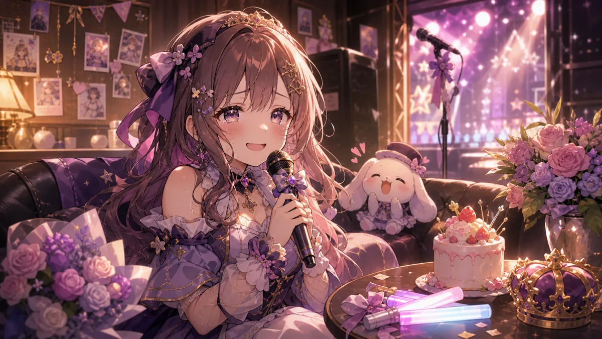 ライブ後のMC席で花飾りとマイクを前にほっとするかわいいオリジナルキャラクターのイメージ