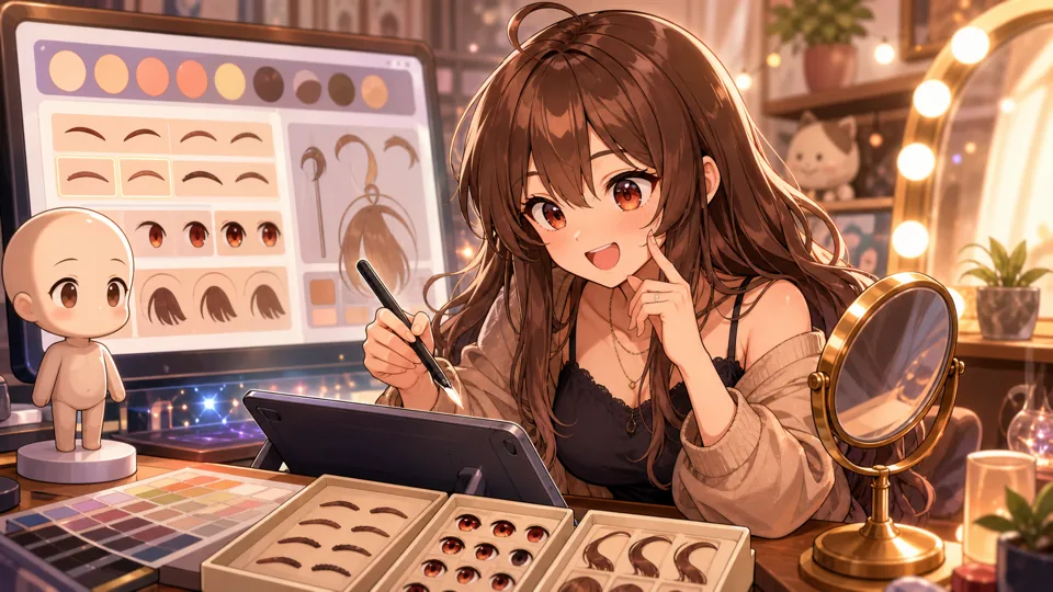 顔パーツと髪型を調整するオリジナル女性キャラクターのイメージ