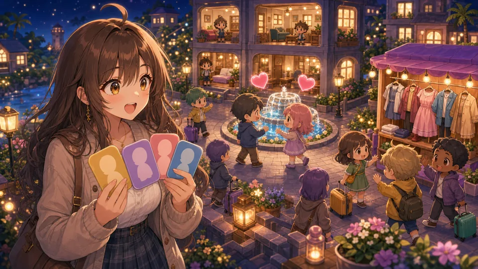 住人追加と友達イベントでにぎわう島を見守るオリジナル女性キャラクターのイメージ
