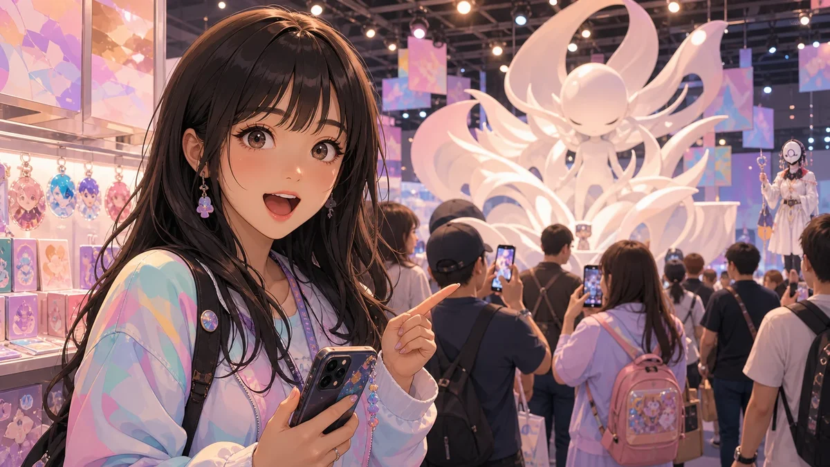グッズ売り場と巨大な白いドラゴン模型を背景に驚く女性キャラクターのイメージ