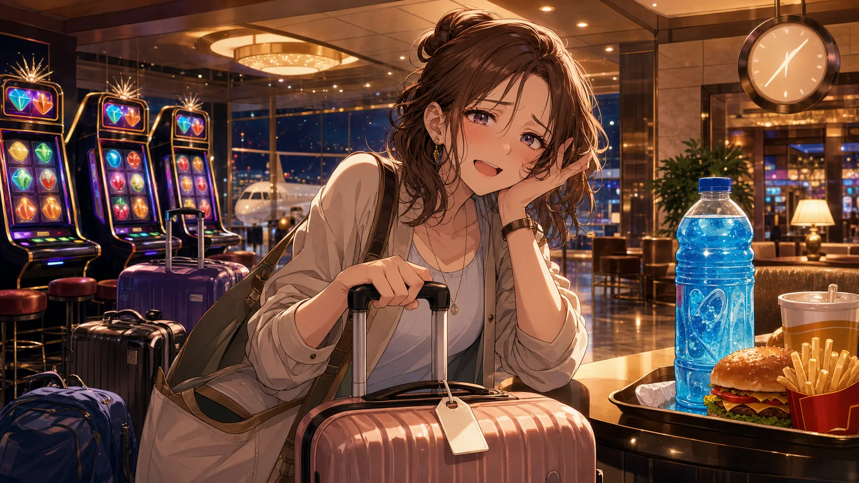 深夜の空港ホテルロビーで荷物と青いドリンクを前に笑うオリジナルキャラクターのイメージ