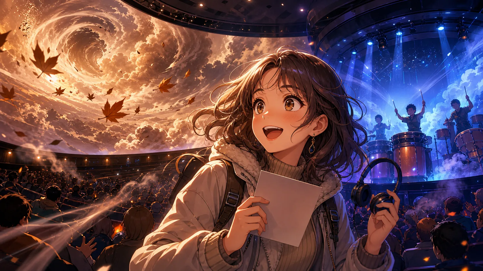 巨大な没入型スクリーンと青いステージを前に驚くオリジナルキャラクターのイメージ