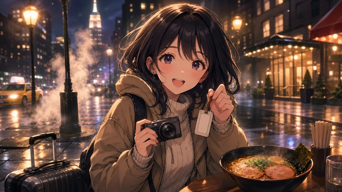 霧のニューヨーク到着後に荷物タグとラーメンを前にするオリジナル女性キャラクターのイメージ