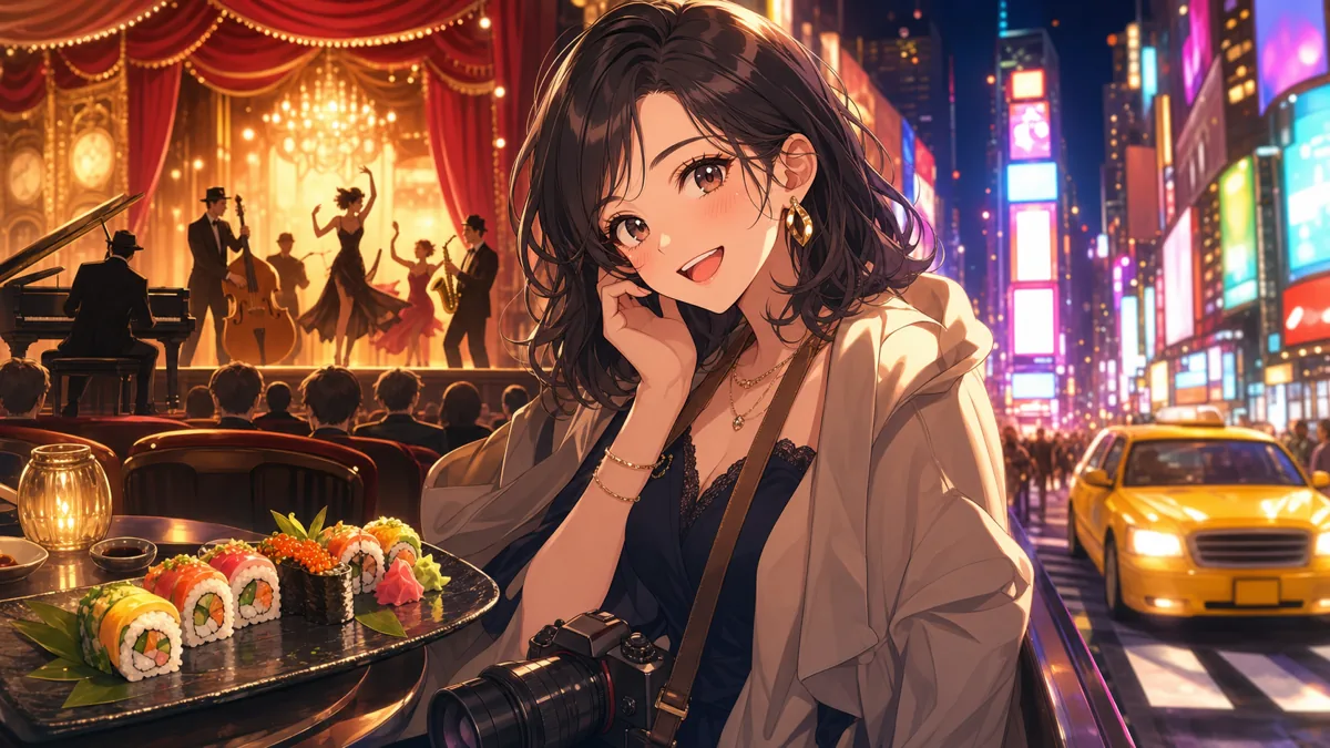 ブロードウェイの舞台と寿司とタイムズスクエアを楽しむオリジナル女性キャラクターのイメージ