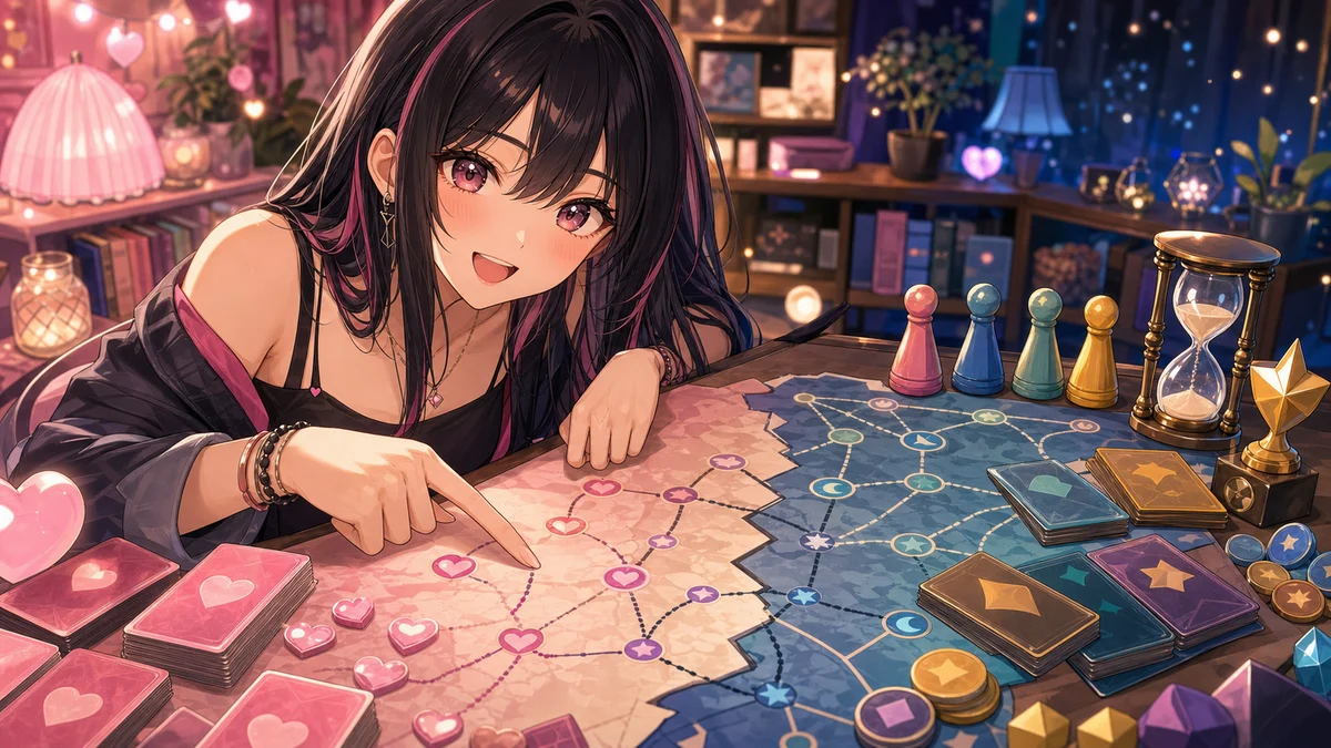 ハート柄のカードとルート図を前に団体戦の判断を整理するオリジナル女性キャラクターのイメージ