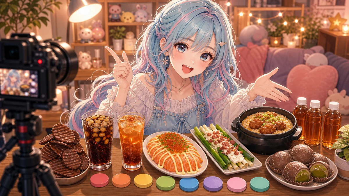 カメラONの配信机で複数の料理と採点用の丸い札を並べるオリジナルキャラクターのイメージ