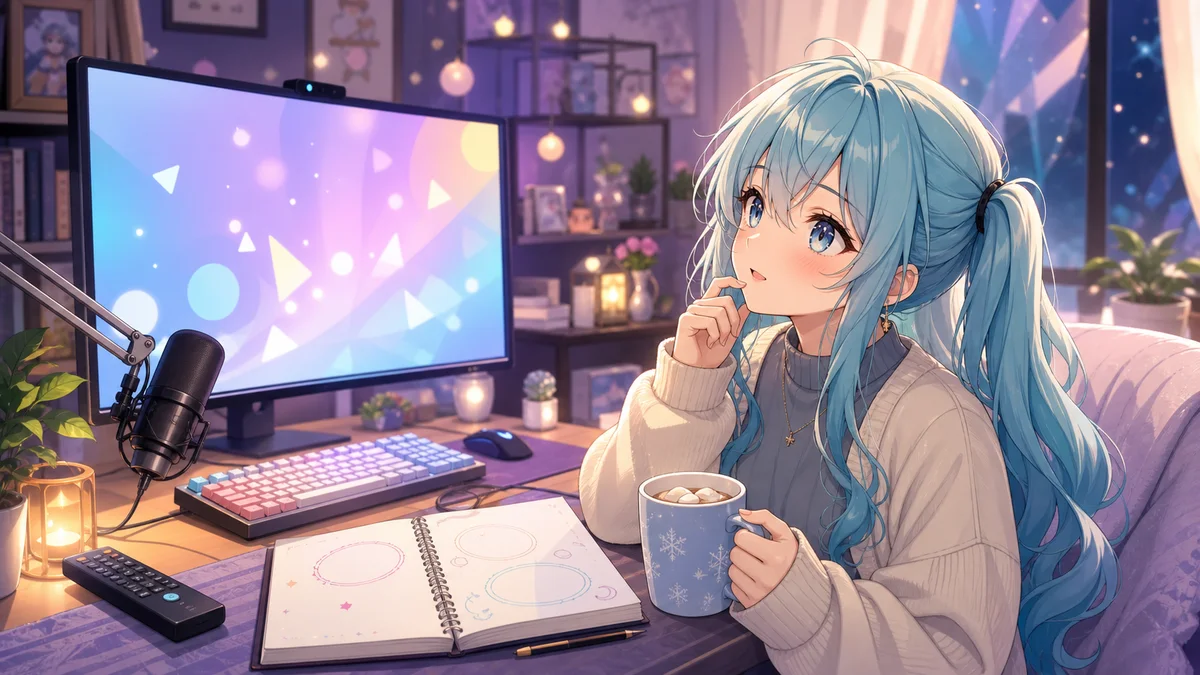 明るい配信机でアニメ視聴ノートと飲み物を前に期待するオリジナルキャラクターのイメージ