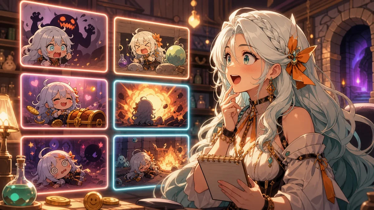 複数の動画画面を見ながら村の出来事を振り返る女性キャラクターのイメージ