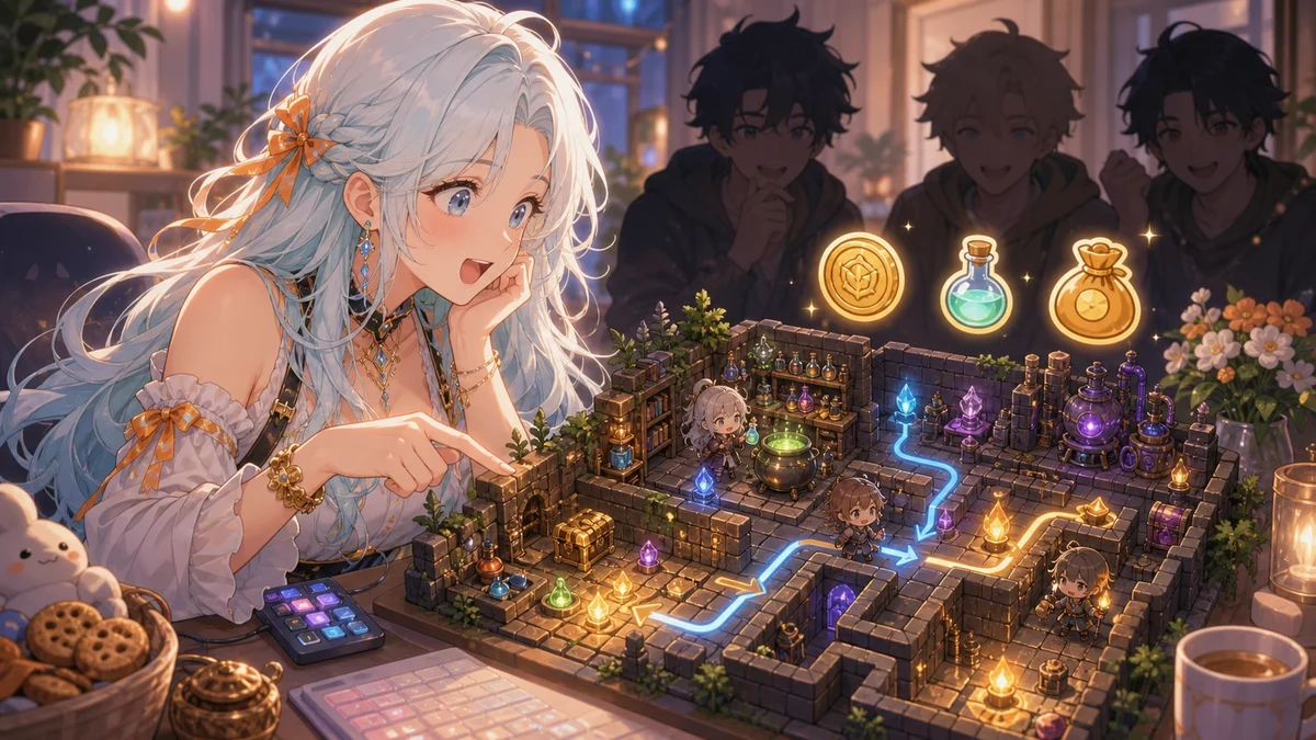 小さなダンジョン模型と錬金アイテムを見ながら作戦を考える女性キャラクターのイメージ