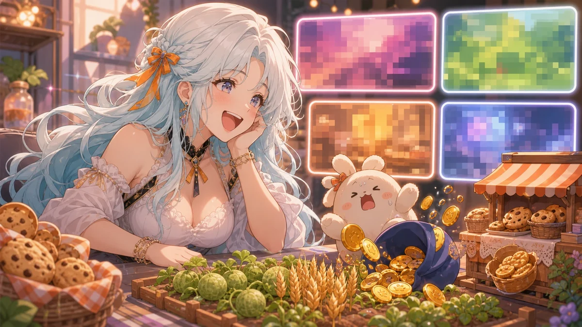 畑とクッキー屋台のそばで動画画面を見て笑う女性キャラクターのイメージ